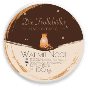 Eisbecher-Deckel „Wat mit Nööt“ von Die Trollebüller Eiscremerei mit braun-beigem Design, Illustration von Milchkanne und Schokoladenstücken, handgemachte und natürliche Herstellung, 150 ml