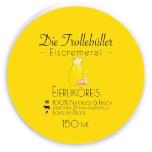 Eierliköreis-Becher „Die Trollebüller Eiscremerei“ mit gelbem Deckel, Illustration von Milchkanne, Ei und Eierlikör, Hinweis auf natürliche, regionale Herstellung, 150 ml