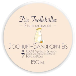 Joghurt-Sanddorn-Eis-Becher „Die Trollebüller Eiscremerei“ mit beigem Deckel, Illustration von Milchkanne und Sanddornbeeren, Hinweis auf natürliche, regionale Herstellung, 150 ml