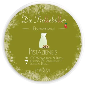 Pistazieneis-Becher „Die Trollebüller Eiscremerei“ mit grünem, winterlich gestalteten Deckel (Schneeflocken, Zuckerstangen), Illustration von Milchkanne und Pistazien, 150 ml