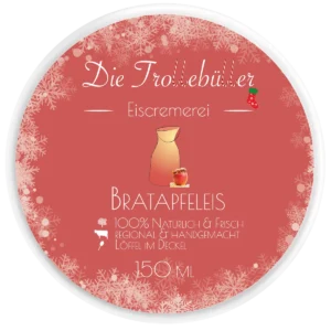Bratapfeleis-Becher „Die Trollebüller Eiscremerei“ mit rotem, winterlich gestalteten Deckel (Schneeflocken, Zuckerstangen), Illustration von Milchkanne und Bratapfel, 150 ml