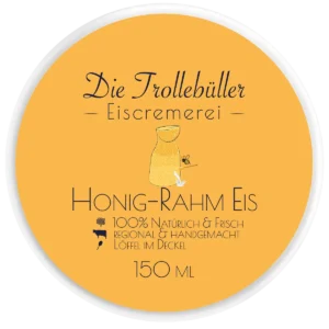 Honig-Rahm-Eis-Becher „Die Trollebüller Eiscremerei“ mit orangefarbenem Deckel, Illustration von Milchkanne, Honig und Biene, Hinweis auf natürliche, regionale Herstellung, 150 ml