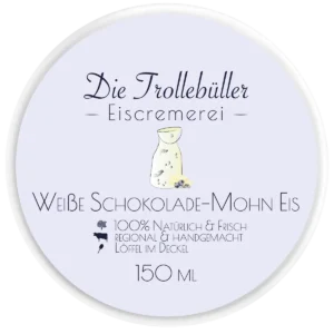 Weißes Schokolade-Mohn-Eis „Die Trollebüller Eiscremerei“ mit hellem Deckel, Illustration von Milchkanne, Hinweis auf natürliche, regionale Herstellung, 150 ml
