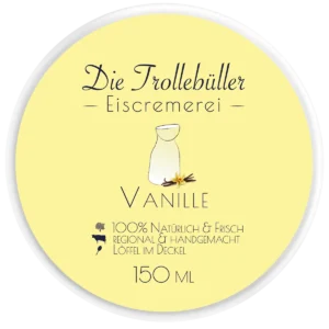 Vanilleeis-Becher „Die Trollebüller Eiscremerei“ mit gelbem Deckel, Illustration von Milchflasche und Vanilleschote, Hinweis auf natürliche, regionale Herstellung, 150 ml