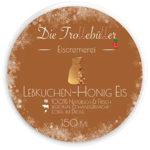Lebkuchen-Honig-Eis-Becher „Die Trollebüller Eiscremerei“ mit braunem, winterlich gestalteten Deckel (Schneeflocken, Lebkuchenfigur, Zuckerstangen), Illustration von Milchkanne und Honig, 150 ml