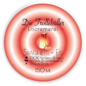 Spaghetti-Eis-Becher „Die Trollebüller Eiscremerei“ mit rot-weißem, spiralförmigem Deckel, Illustration von Milchkanne und Spaghetti-Eis, Hinweis auf natürliche, regionale Herstellung, 150 ml